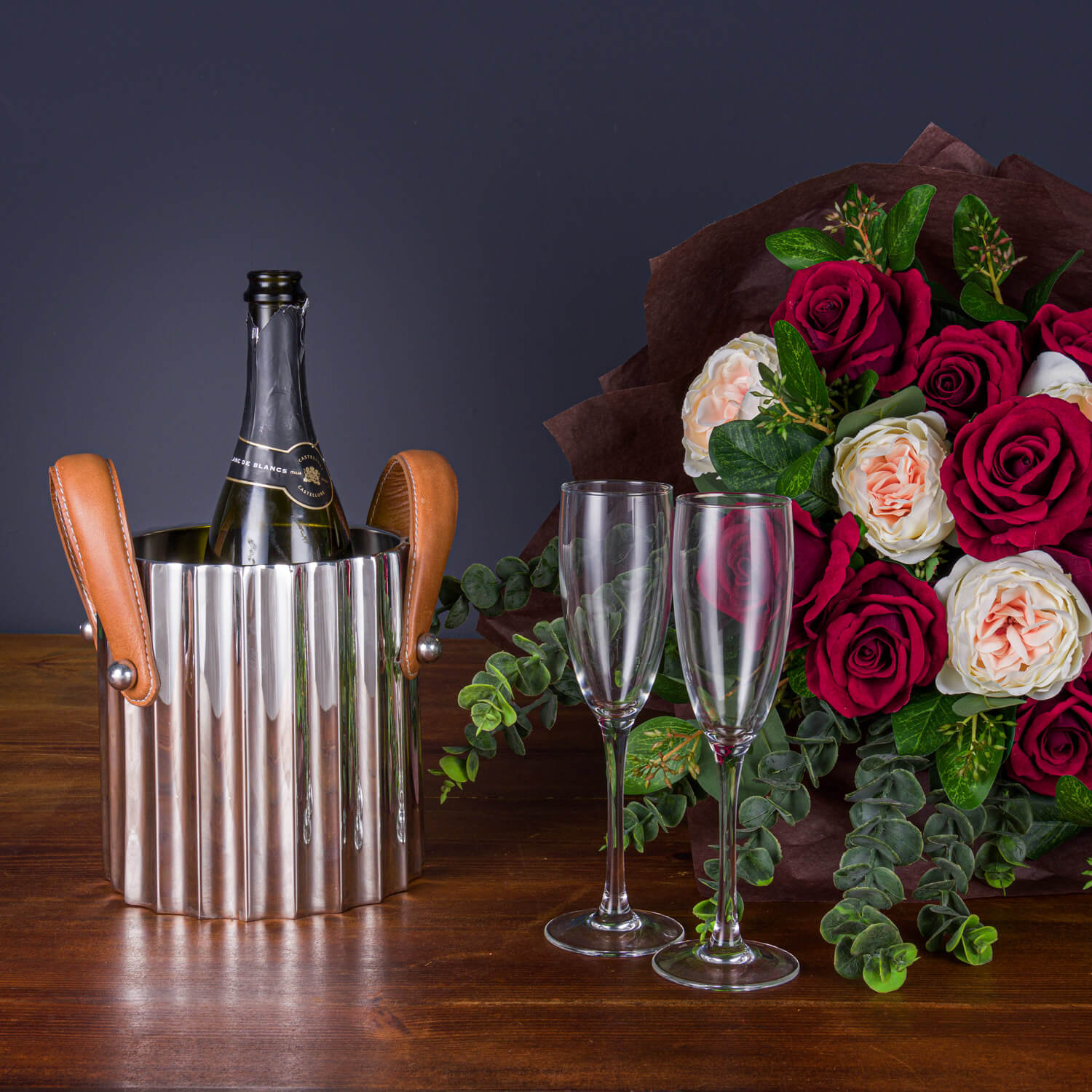 Silver Fluted Champagne Cooler with Leather Handle