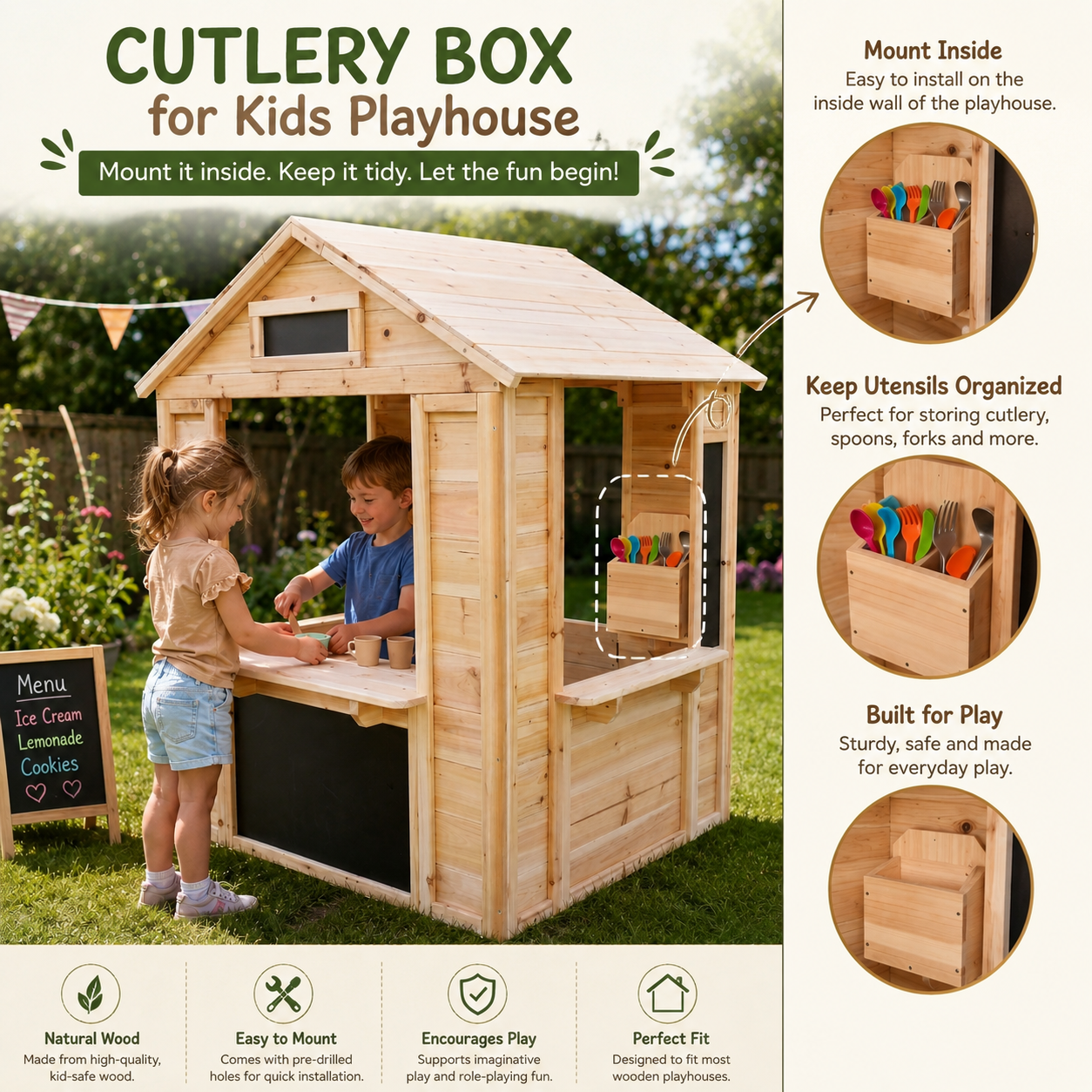 Wooden Playhouse Storage Box Accessory - Cutlery &amp; Role Play Holder