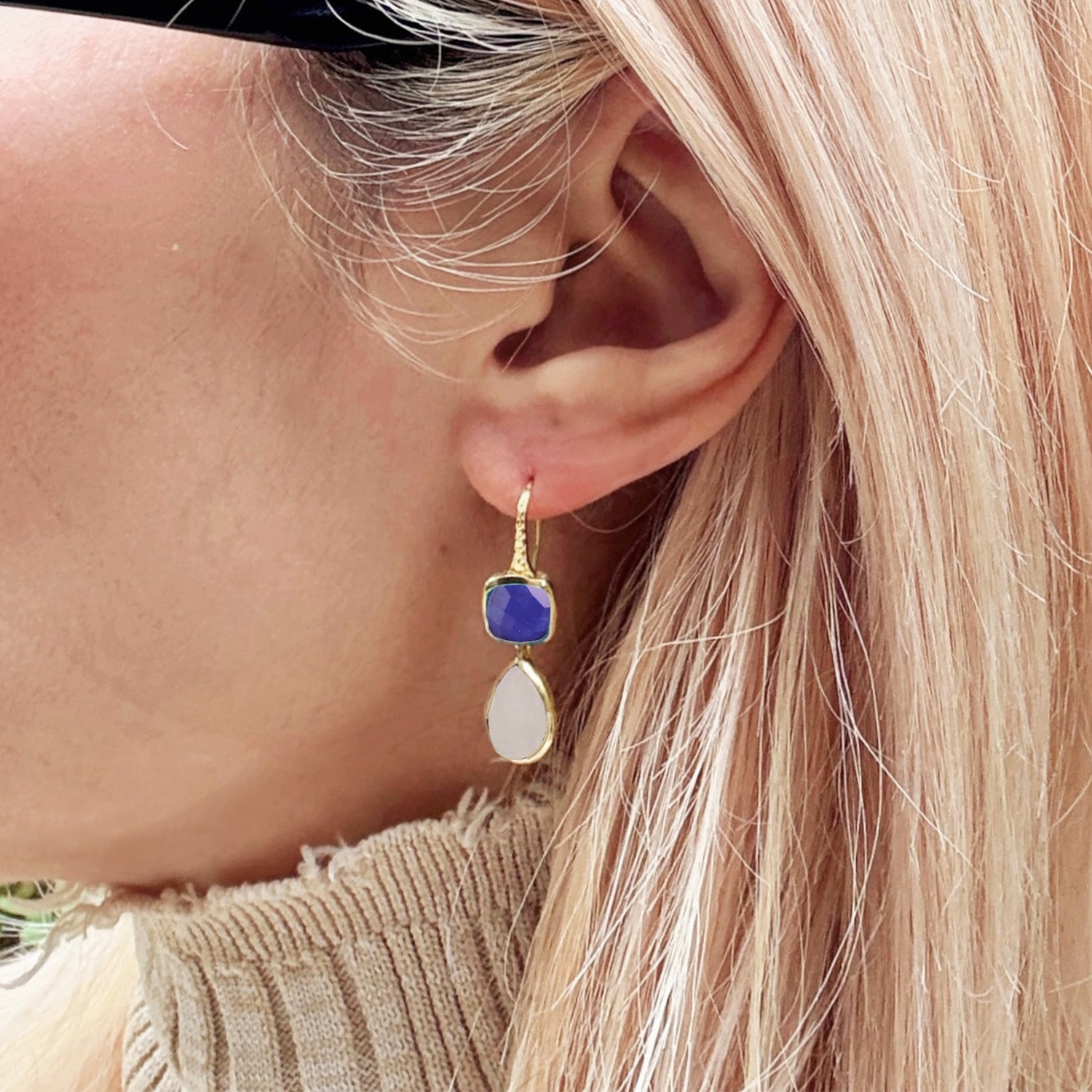 Charis Double Gemstone Earrings Blue Jade &amp; Moonstone