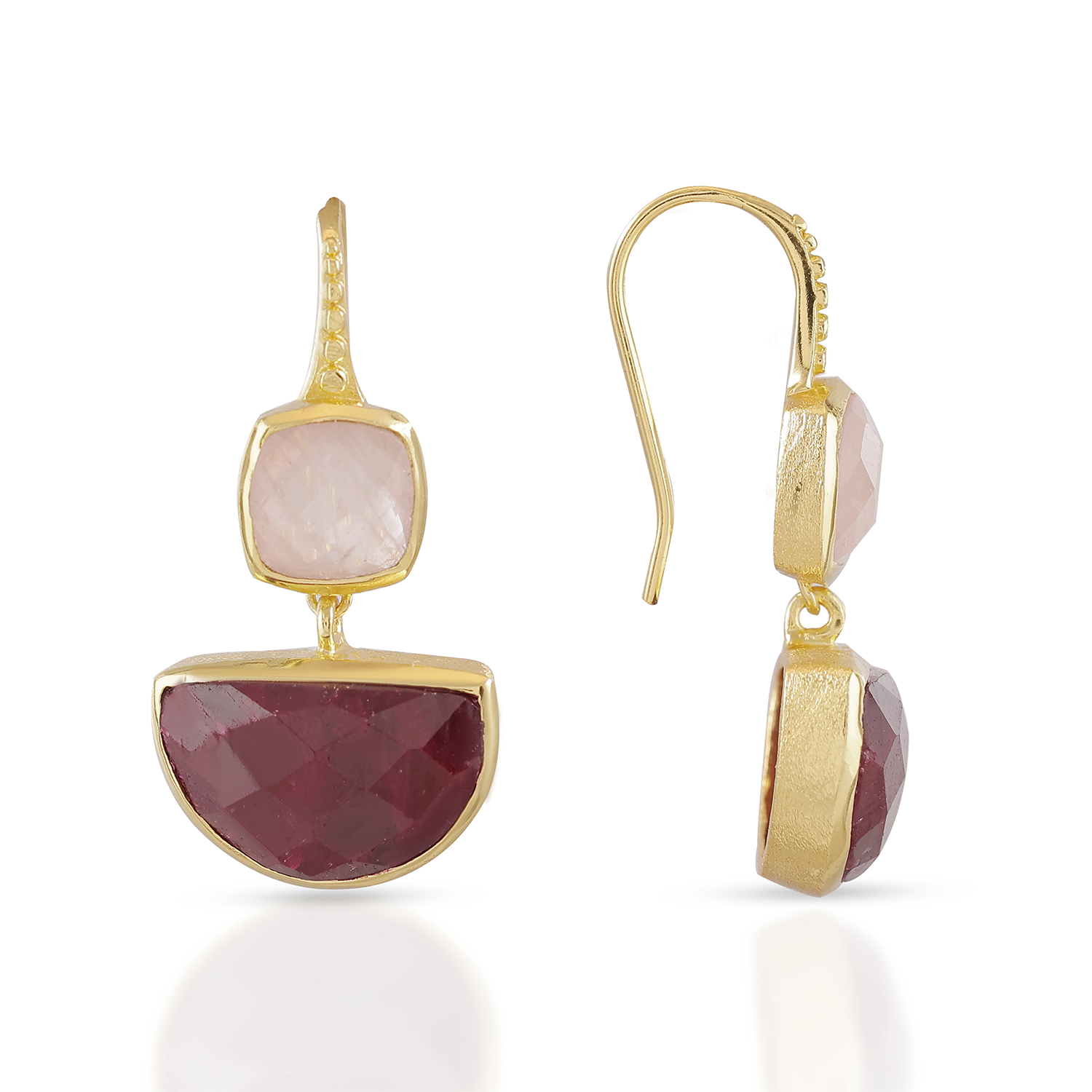 Charis Halfmoon Double Gemstone Earrings Rose Quart &amp; Ruby