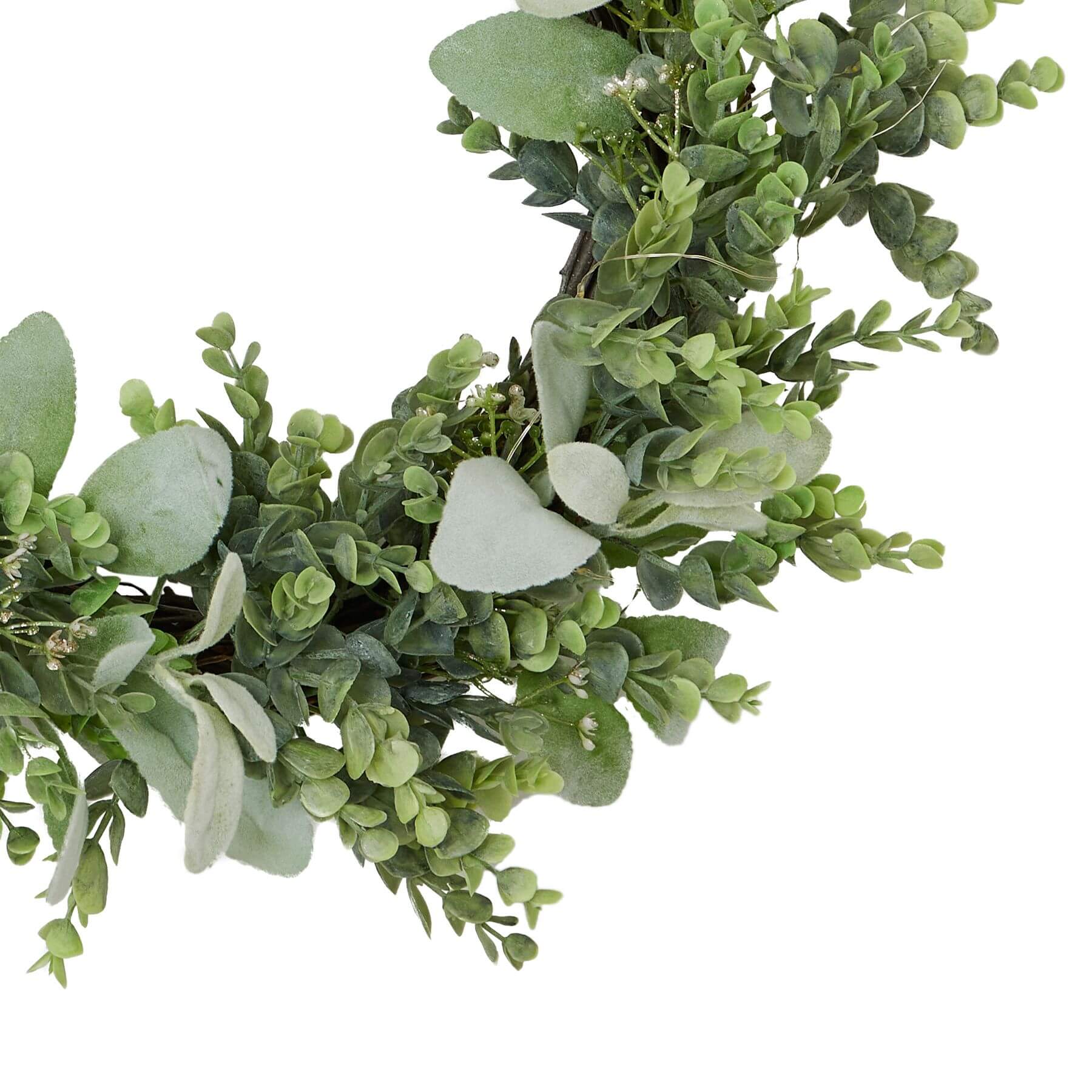 Festive LED Winter Wreath with Eucalyptus and Lambs Ear Foliage