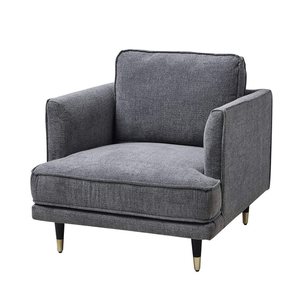 Luxurious grey fabric armchair with curved arms, modern design, and generous seating for elegant living room decor by Sostter at brixbailey.com
