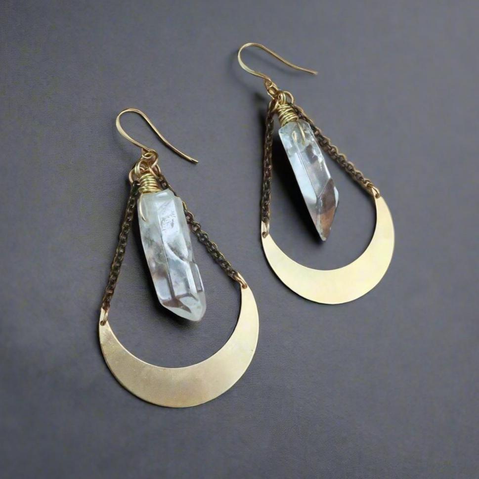 Quartz Point Earrings in Brass - Moon | Handmade by Blackbird &amp; Sage