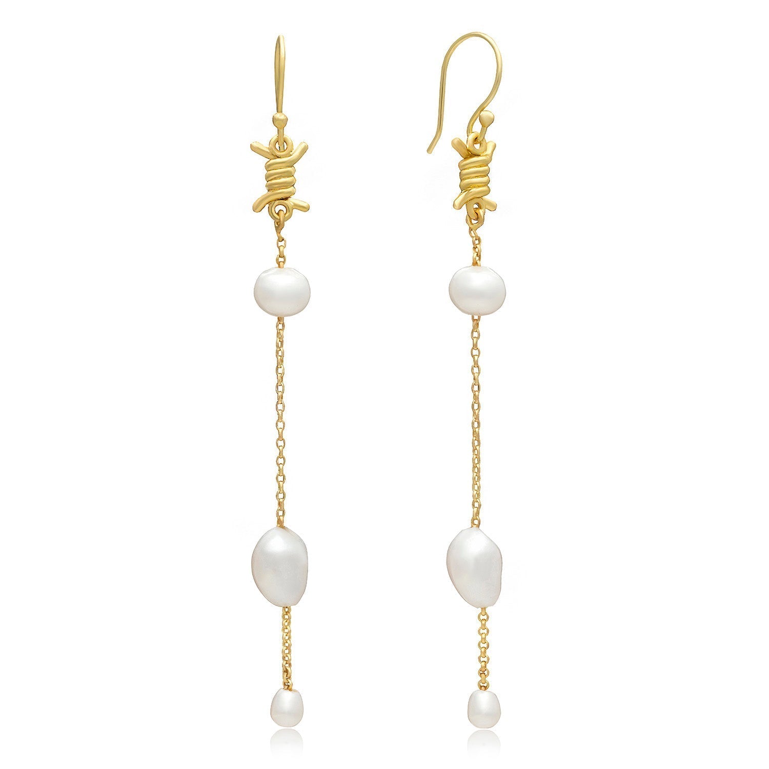 Eva Long Drop Pearl &amp; Barbed Wire Earrings