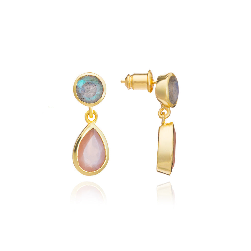 Iris Double Gemstone Drop Earrings with Peach Moonstone &amp; Labradorite