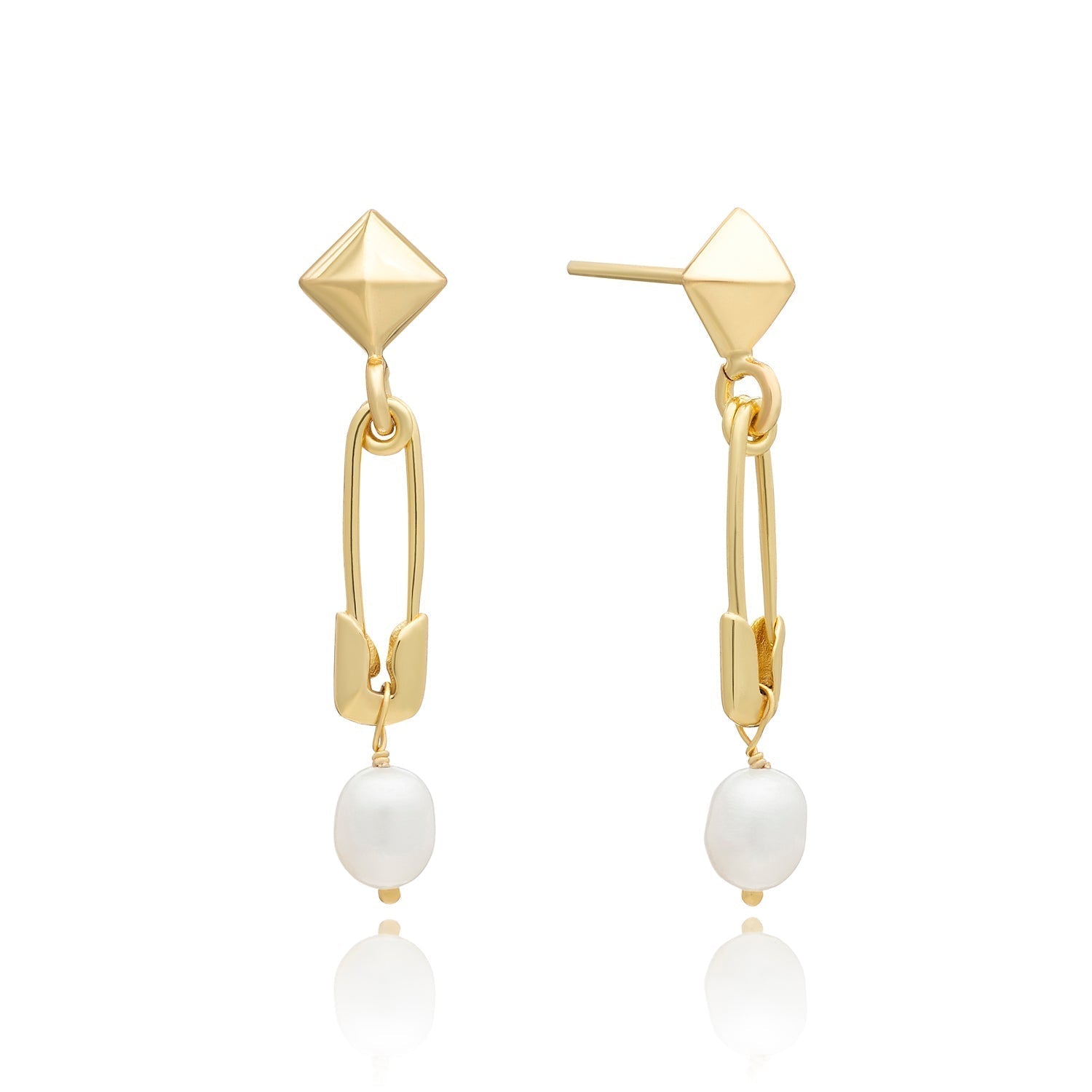 Kati Safety Pin Stud &amp; Drop Pearl Earrings