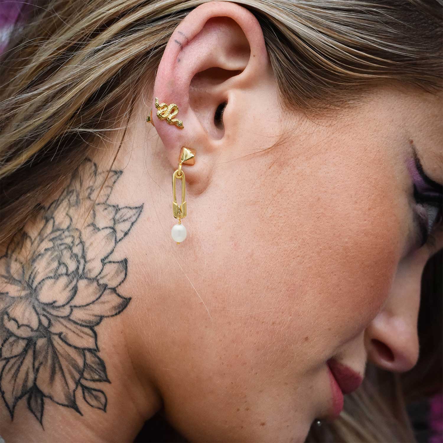 Kati Safety Pin Stud &amp; Drop Pearl Earrings