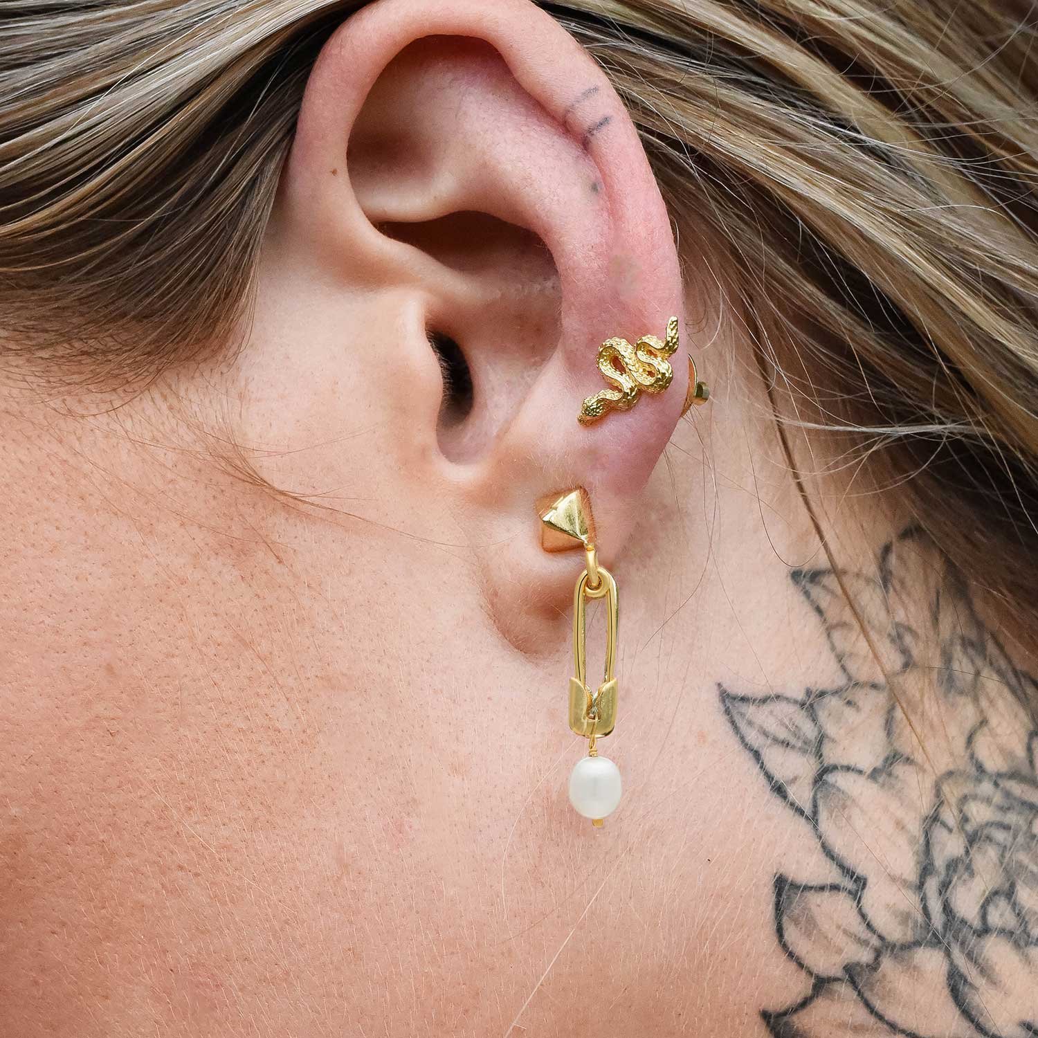 Kati Safety Pin Stud &amp; Drop Pearl Earrings