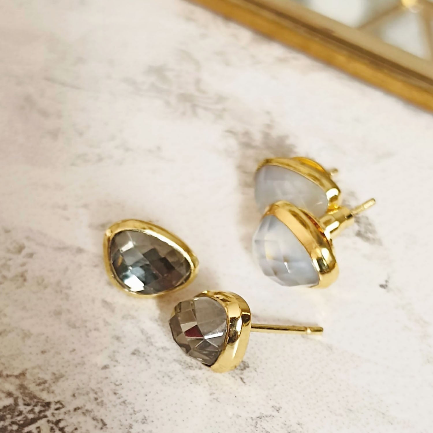 Odyssey Doublet Gold Stud Earrings: Mother of Pearl with Pink Crystal