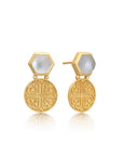 Thea Hexagon Gemstone Stud Earrings with Ornate Coins:  Mother of Pearl with Crystal