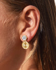 Thea Hexagon Ornate Coins Stud Earrings: Peach Moonstone