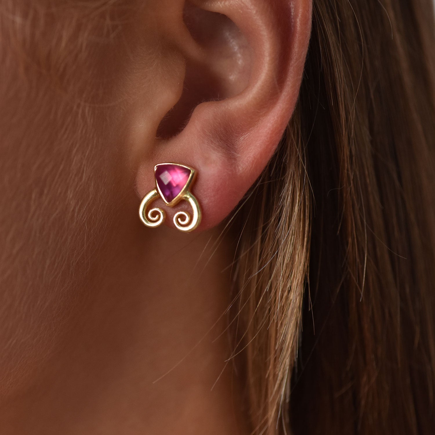 Trillion Doublet and Scroll Studs: Pyrite with Rhodolite Quartz