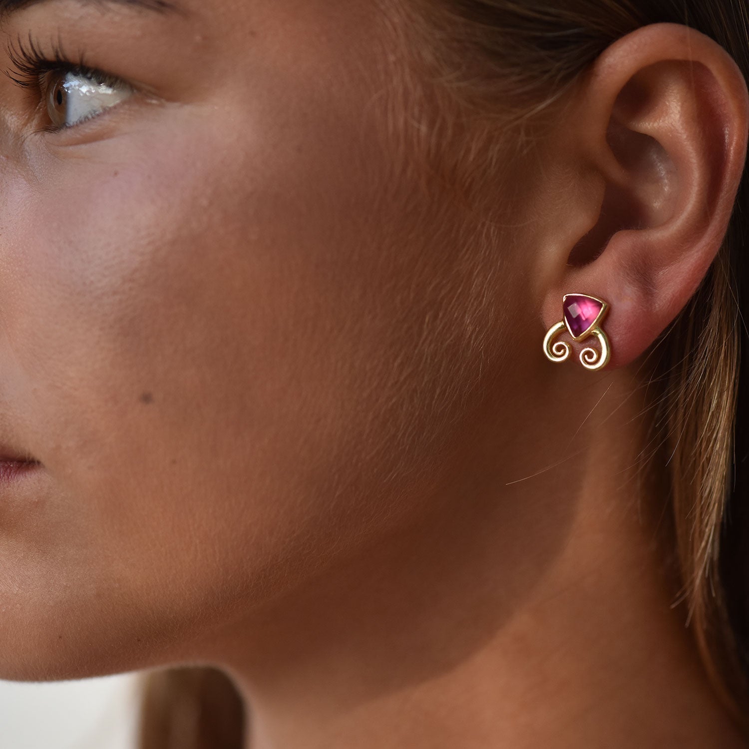 Trillion Doublet and Scroll Studs: Pyrite with Rhodolite Quartz