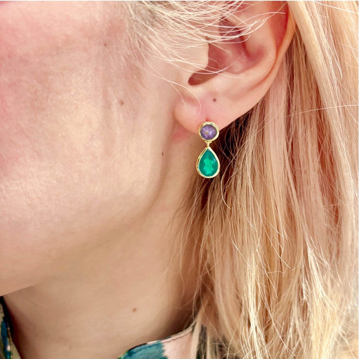 Iris Double Gemstone Drop Earrings with Amethyst &amp; Green Onyx