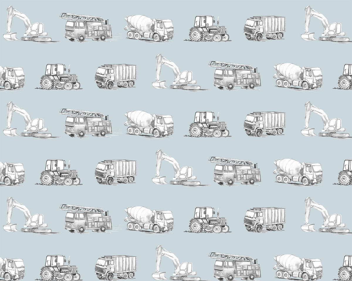 Watercolour Vehicles Wallpaper | Diggers, Fire Engines &amp; Trucks | Kids Bedroom &amp; Nursery