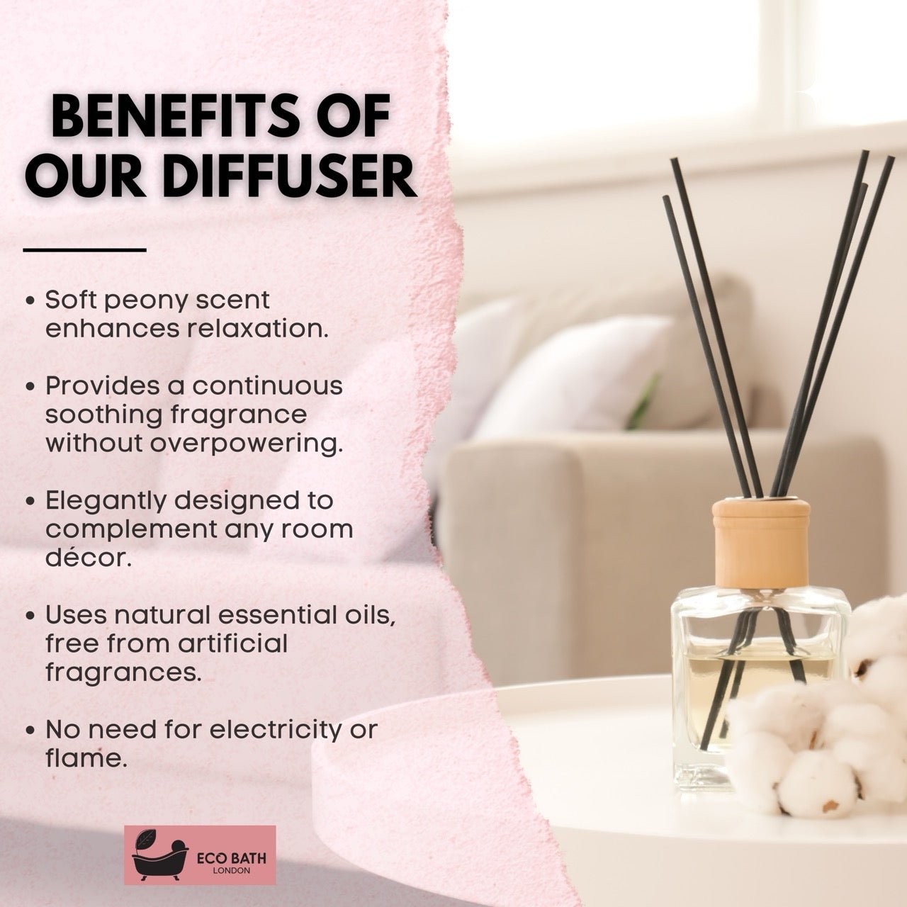 Eco Bath London Peony Reed Diffuser - Beautiful Bouquet of Peonies Fragrance, Intensive, Fresh &amp; Long Lasting Room Diffuser, 100ml (3.38 Fl.Oz)