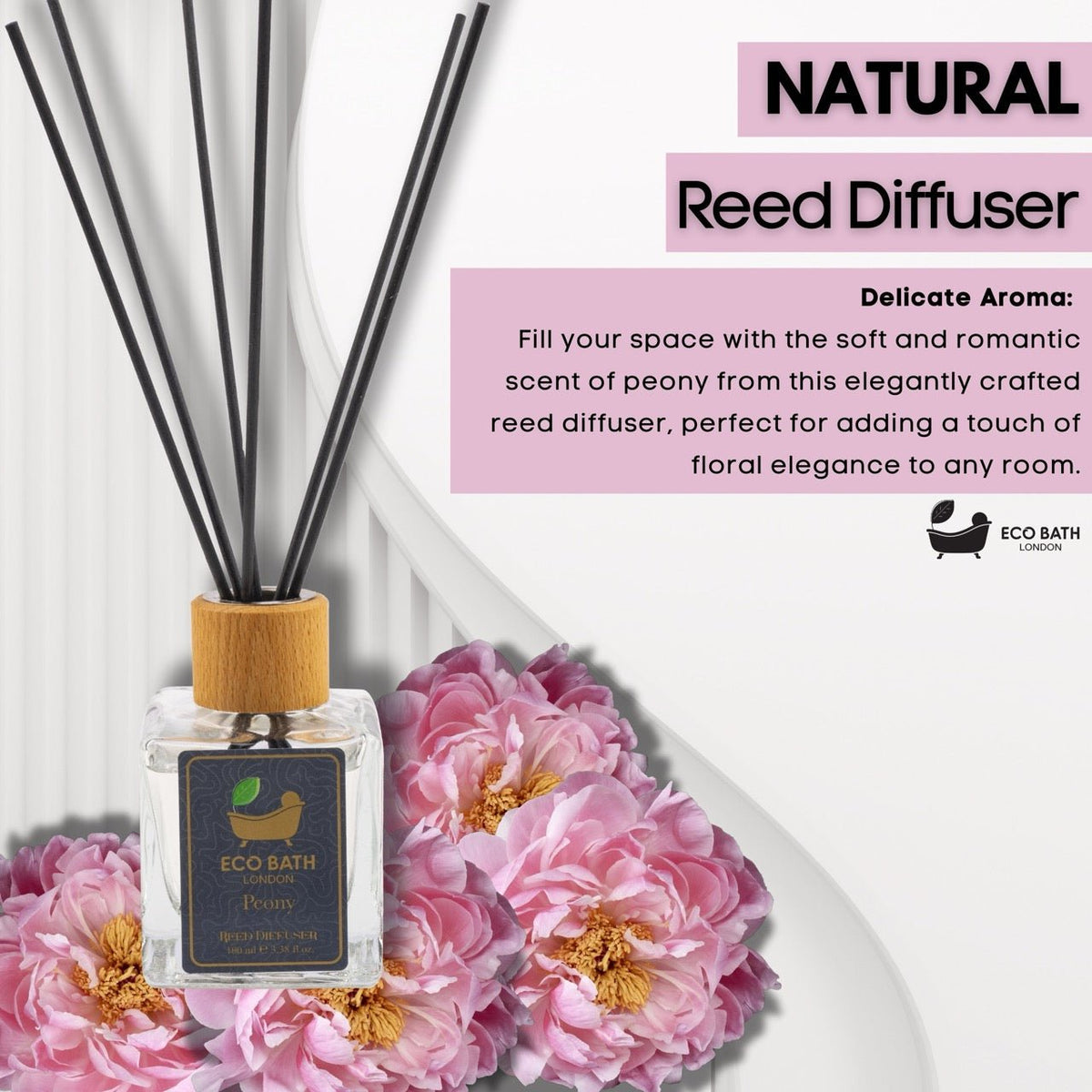 Eco Bath London Peony Reed Diffuser - Beautiful Bouquet of Peonies Fragrance, Intensive, Fresh &amp; Long Lasting Room Diffuser, 100ml (3.38 Fl.Oz)