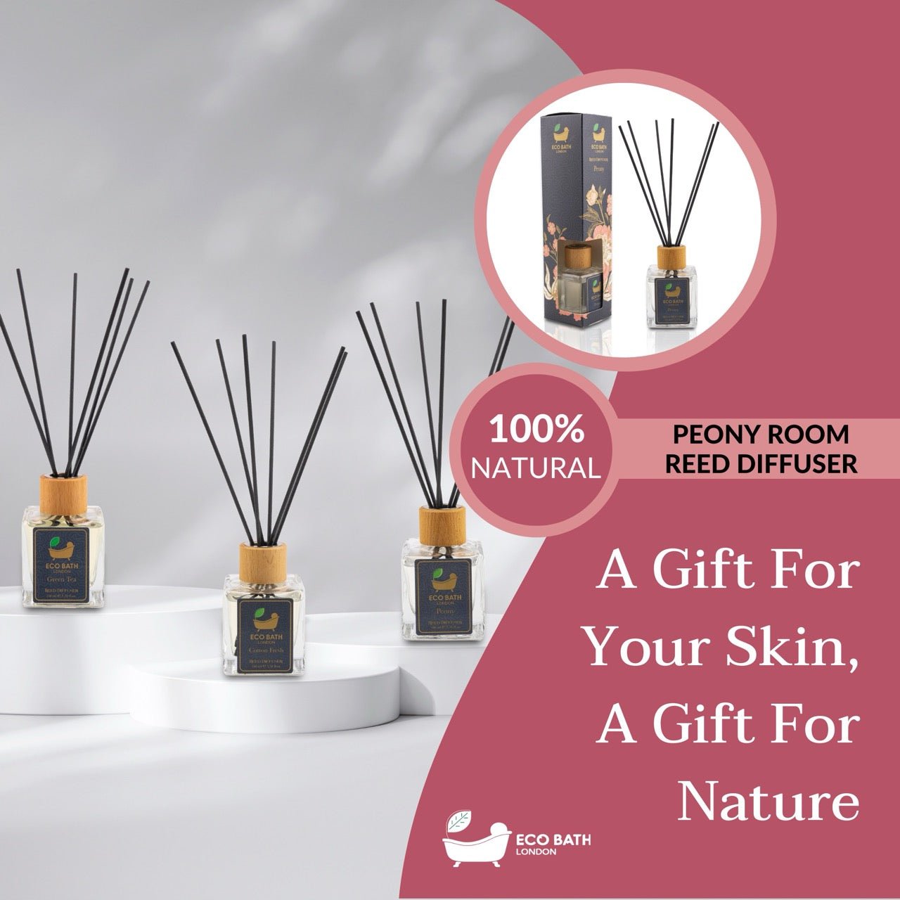 Eco Bath London Peony Reed Diffuser - Beautiful Bouquet of Peonies Fragrance, Intensive, Fresh &amp; Long Lasting Room Diffuser, 100ml (3.38 Fl.Oz)