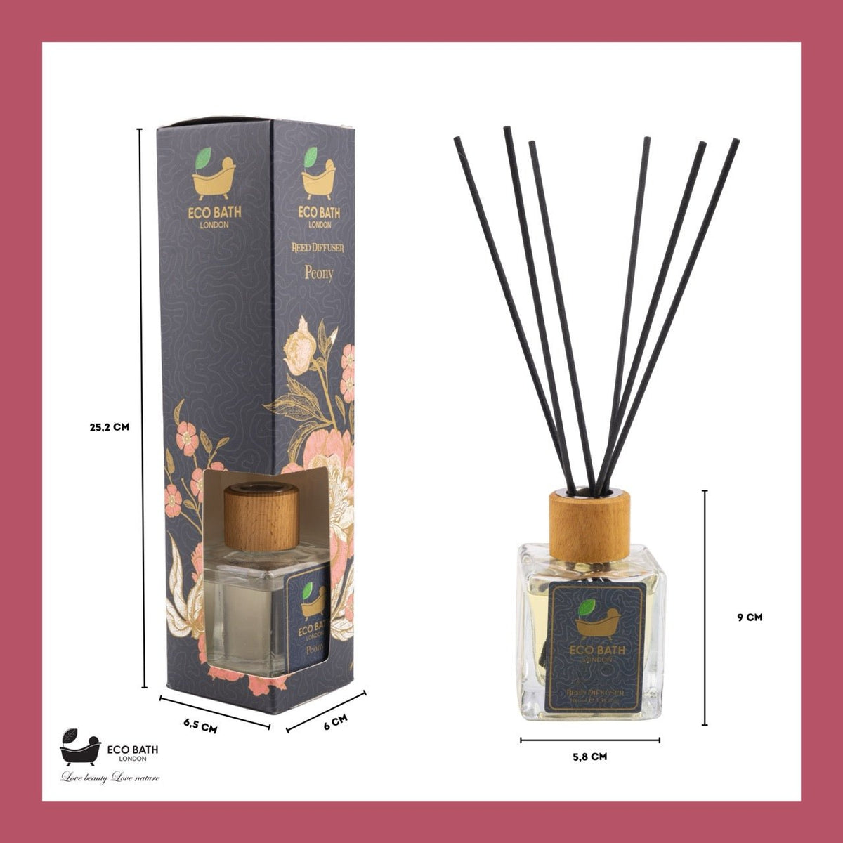 Eco Bath London Peony Reed Diffuser - Beautiful Bouquet of Peonies Fragrance, Intensive, Fresh &amp; Long Lasting Room Diffuser, 100ml (3.38 Fl.Oz)