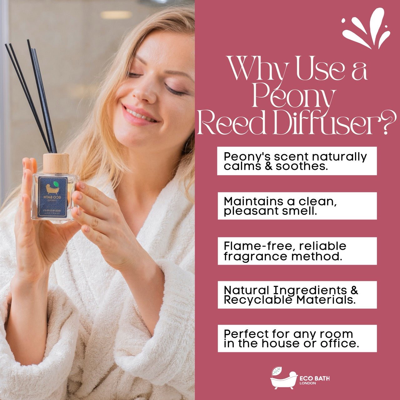 Eco Bath London Peony Reed Diffuser - Beautiful Bouquet of Peonies Fragrance, Intensive, Fresh &amp; Long Lasting Room Diffuser, 100ml (3.38 Fl.Oz)