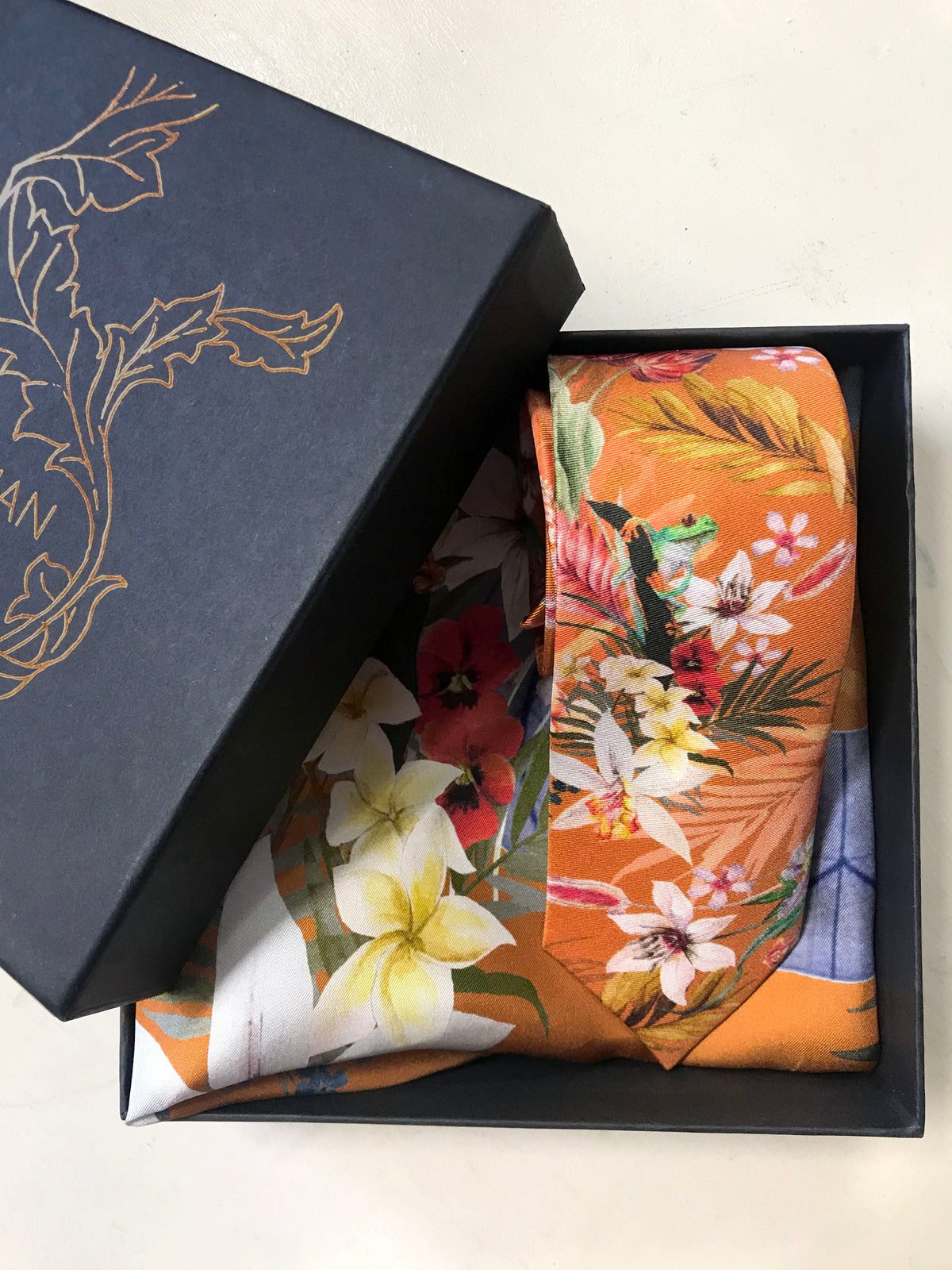 Rust Luxury Silk Pocket Square and tie in Gift set in box, 'Eden' design formal wear for weddings or groomsmen gift