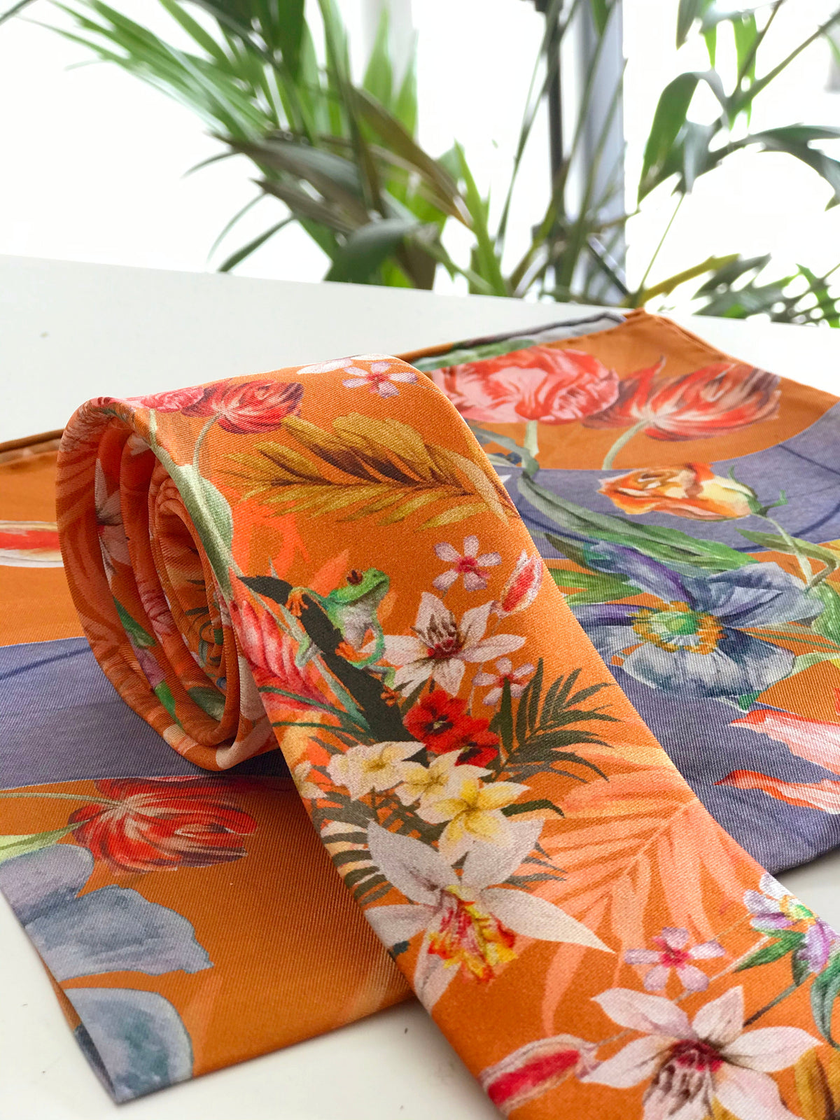 Rust Luxury Silk Pocket Square and tie in Gift set in box, 'Eden' design formal wear for weddings or groomsmen gift