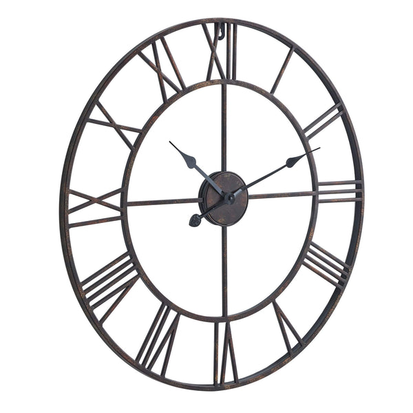 Bronze wall clock with open skeleton design, Roman numerals, and antique finish for industrial-chic decor  by Sostter at brixbailey.com