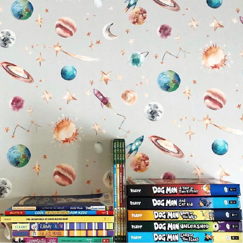 Watercolour Planet Wallpaper | Solar System, Stars &amp; Rockets | Kids Bedroom