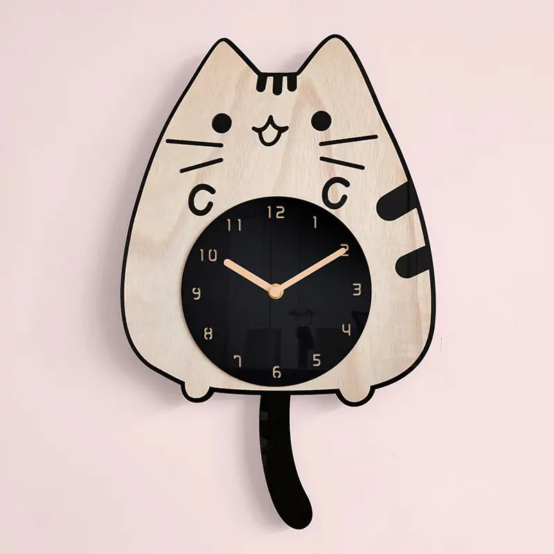 3D Wooden Cartoon Cat Wall Clock - Whimsical, Educational & Quiet for Kids Rooms by Baby Lamby at brixbailey.com