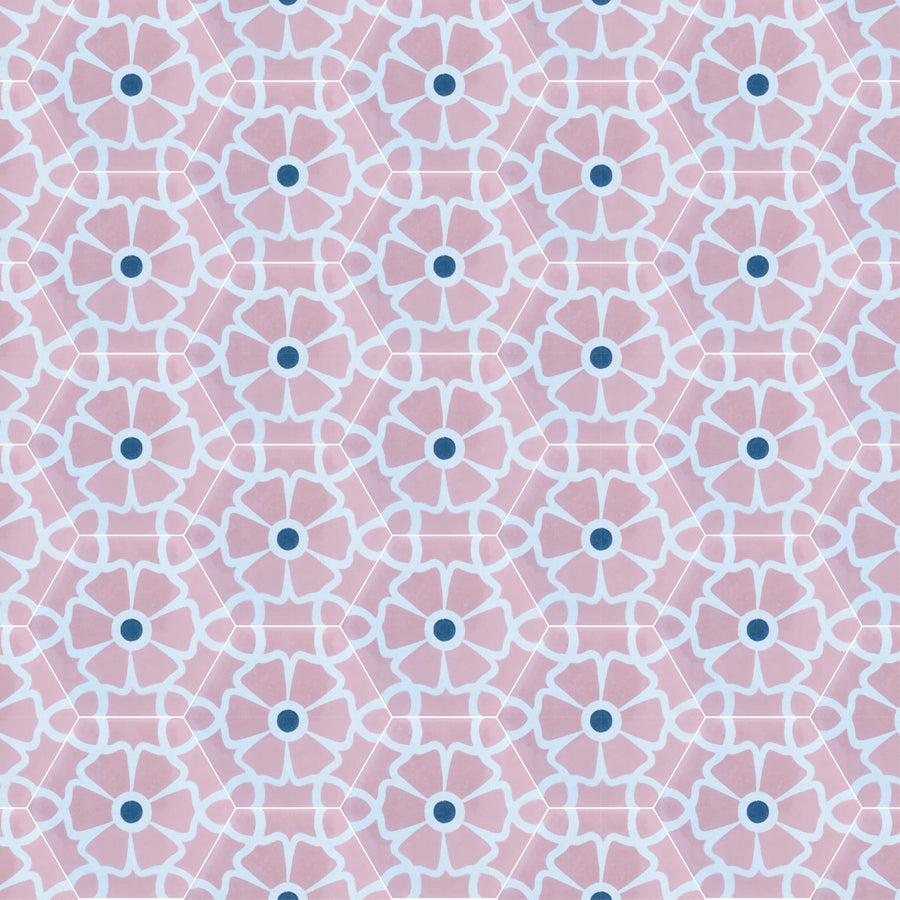 Luxury Ella hexagon cement tiles, premium pink and white floral design, handcrafted encaustic tiles for kitchen, bathroom, stylish Maria Starling collection by Maria Starling Design at brixbailey.com