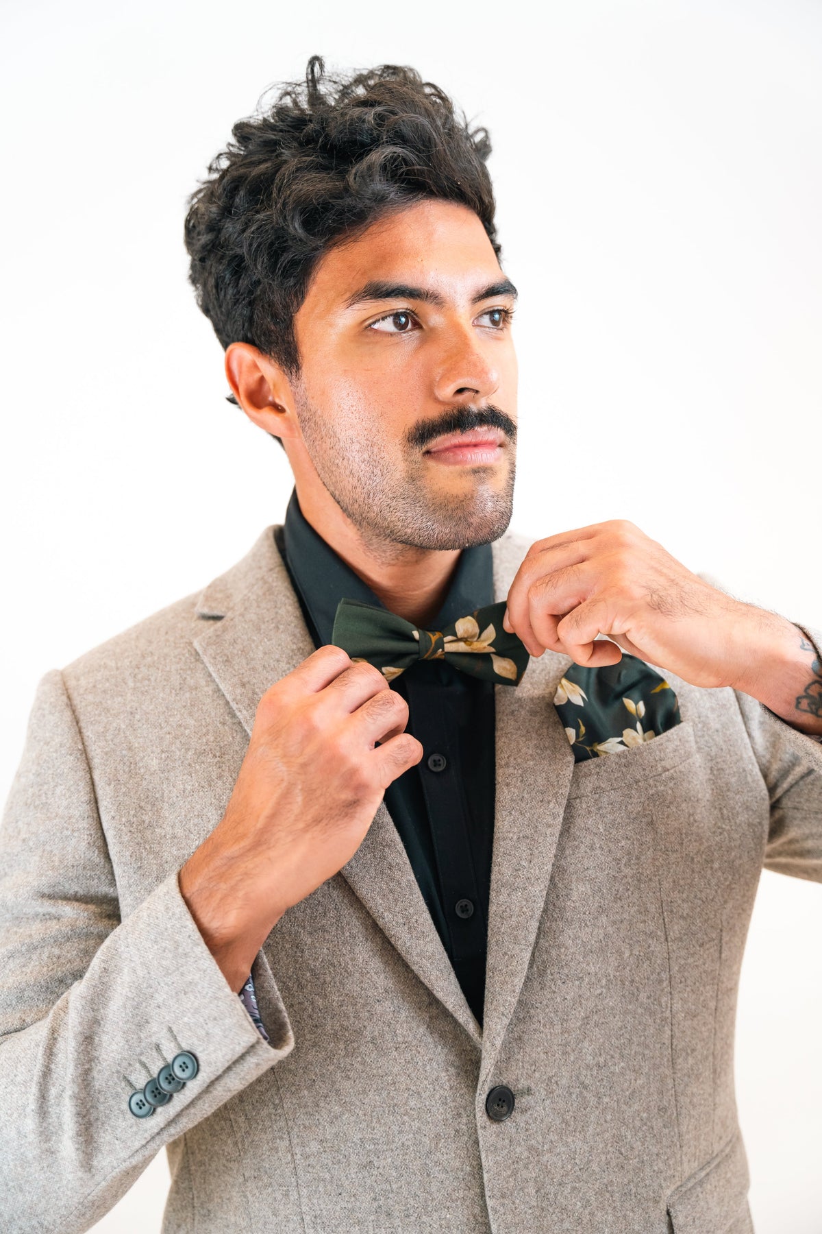 Green floral Silk Pocket Square and Bow tie in 'Forest' moth print