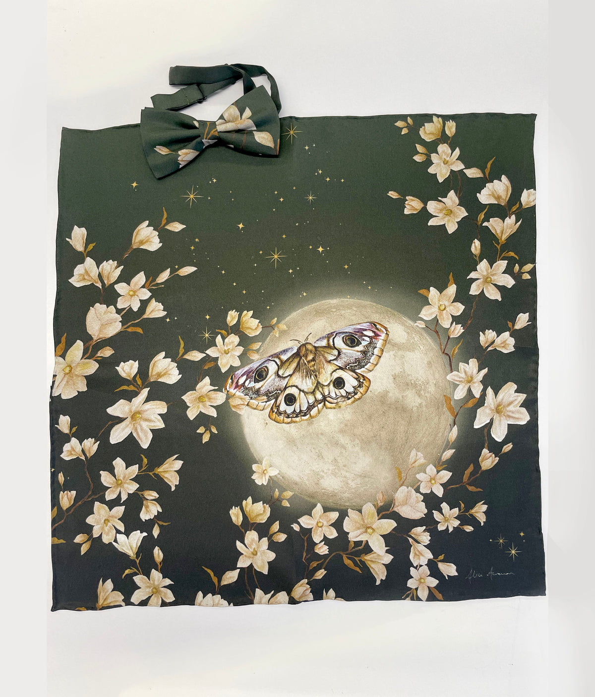 Green floral Silk Pocket Square and Bow tie in 'Forest' moth print