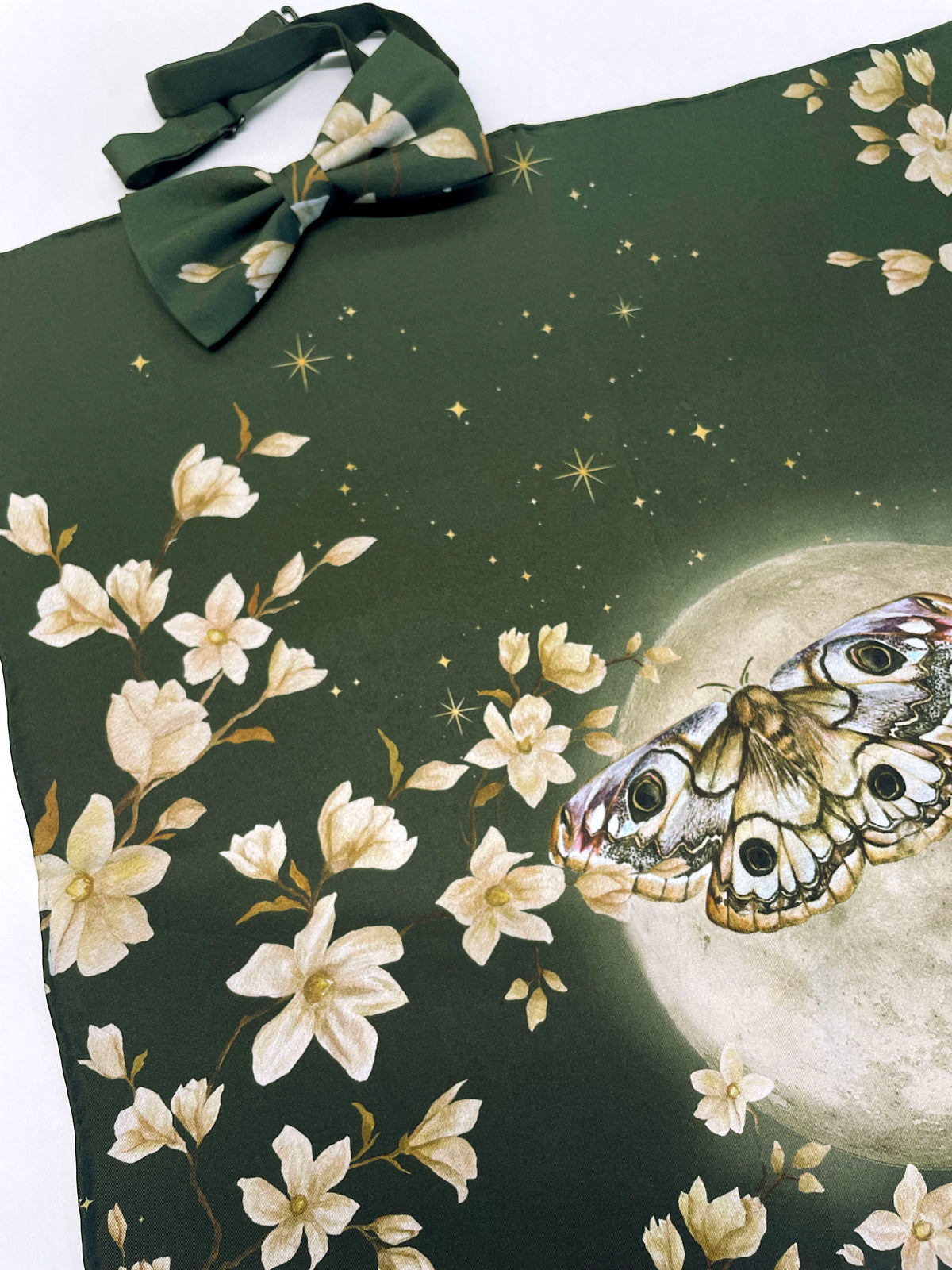 Green floral Silk Pocket Square and Bow tie in 'Forest' moth print