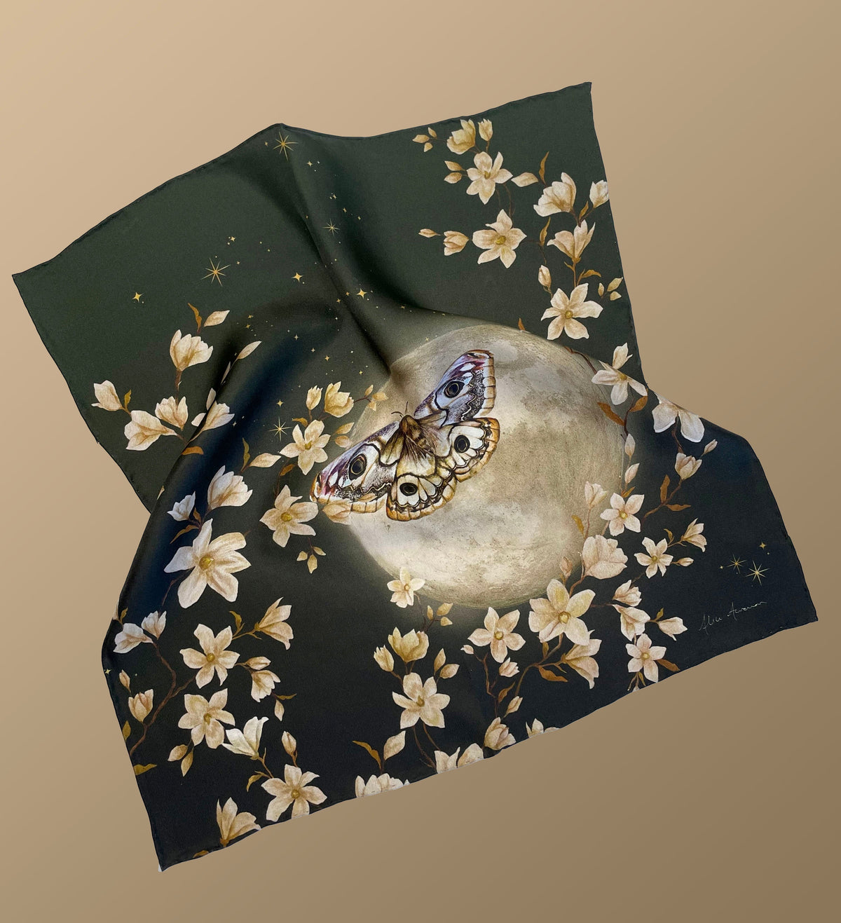 Green floral Silk Pocket Square and Bow tie in 'Forest' moth print