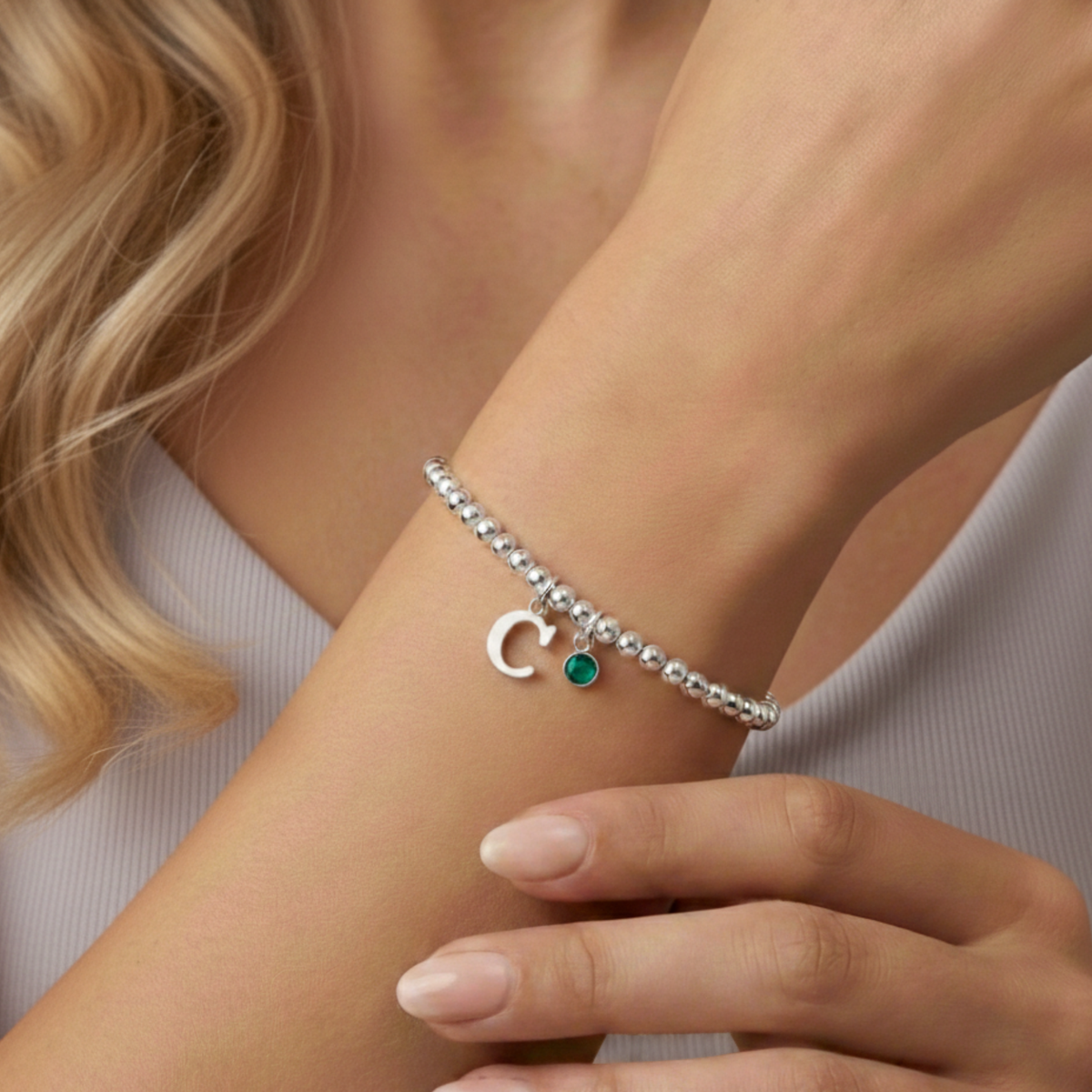 Personalised May Birthday Initial Letter &amp; Birthstone Bracelet