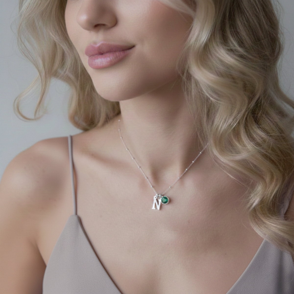 May Birthstone &amp; Initial Charm Necklace