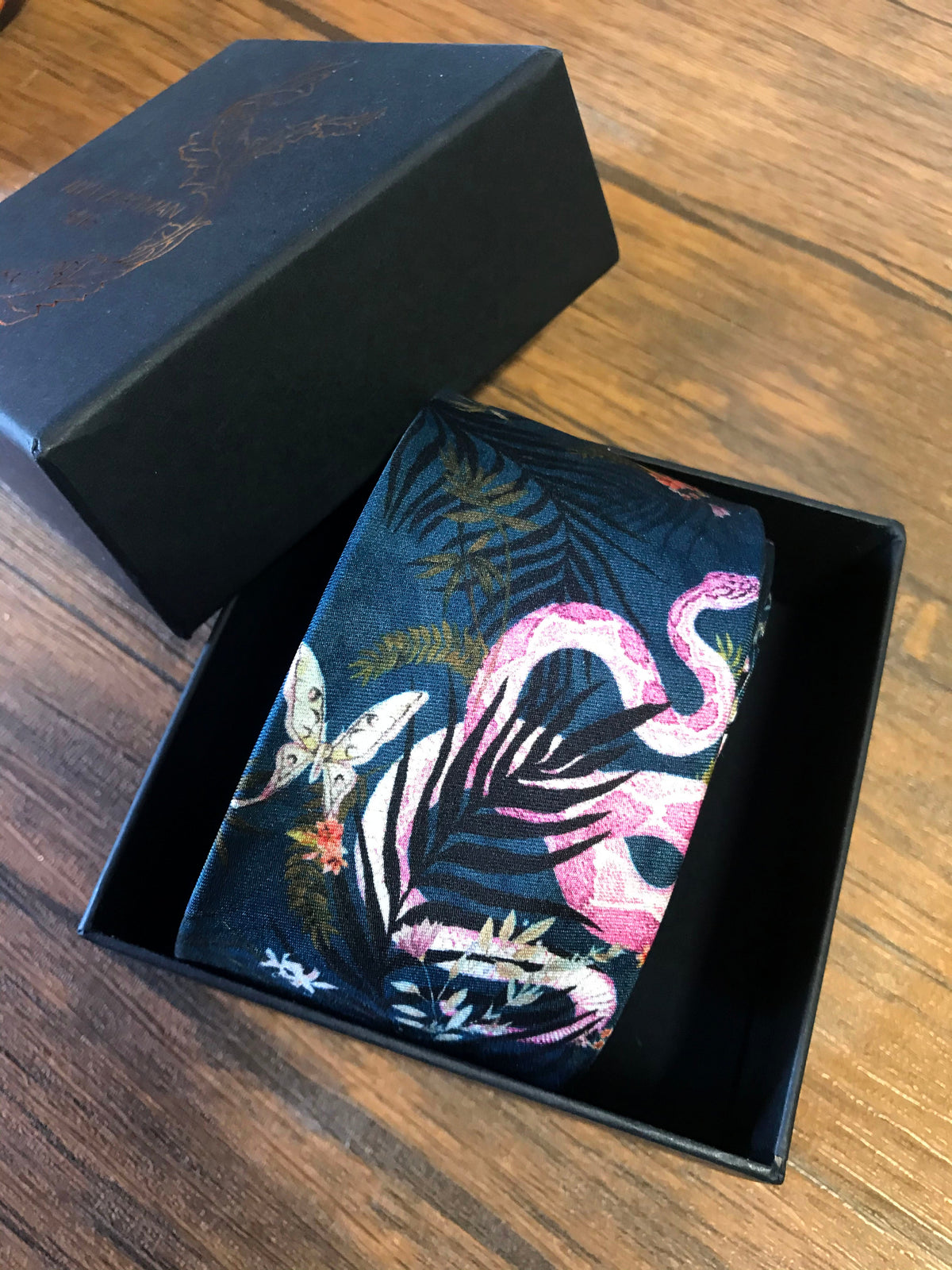 Navy Blue Silk Tie, 'Enticement' Pink Serpent design and tropical flowers
