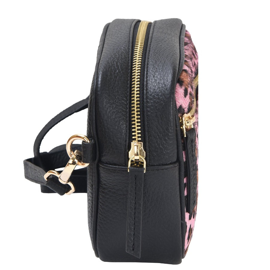 Pink Leopard Print Convertible Leather Cross Body Camera Bag Ethical Sustainable LEather Bag Brand Brix and Bailey