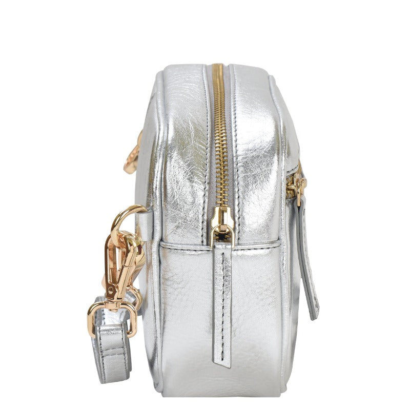 Silver Metallic Leather Convertible Crossbody Bag