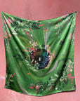 Large green silk scarf with mushroom and crystal, magical ‘Evissa’ print