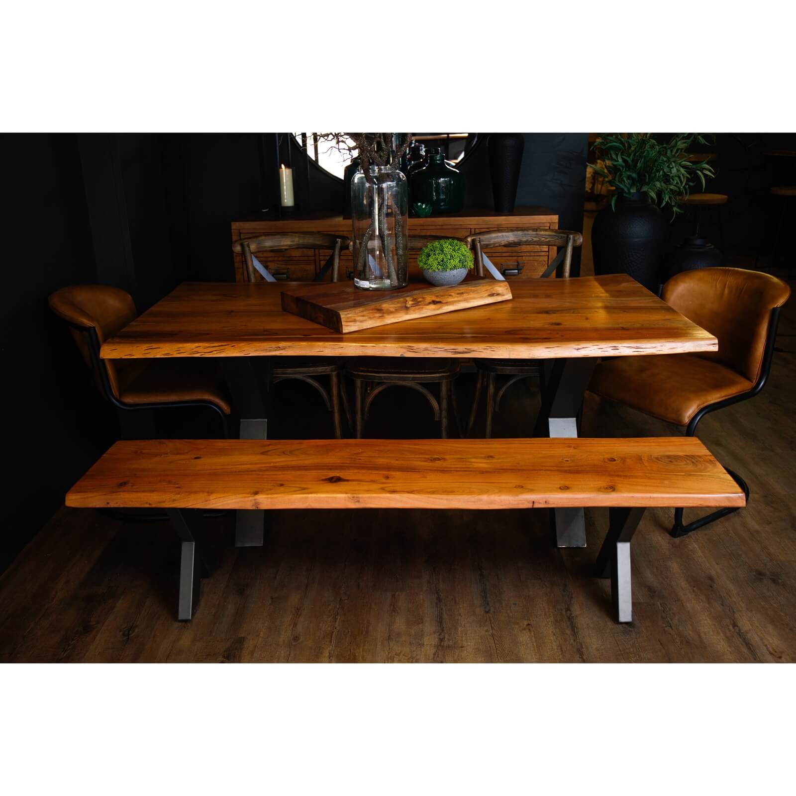 Handcrafted acacia wood dining table with live edges and metal cross-frame base, seats 8, natural brown with grey accents. by Sostter at brixbailey.com