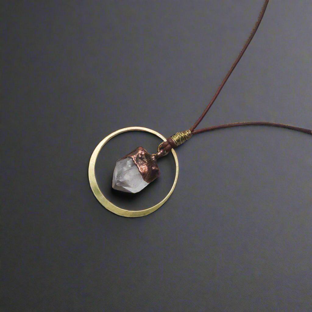 Quartz Necklace inBrass &amp; Leather - Boho | Handmade by Blackbird &amp; Sage