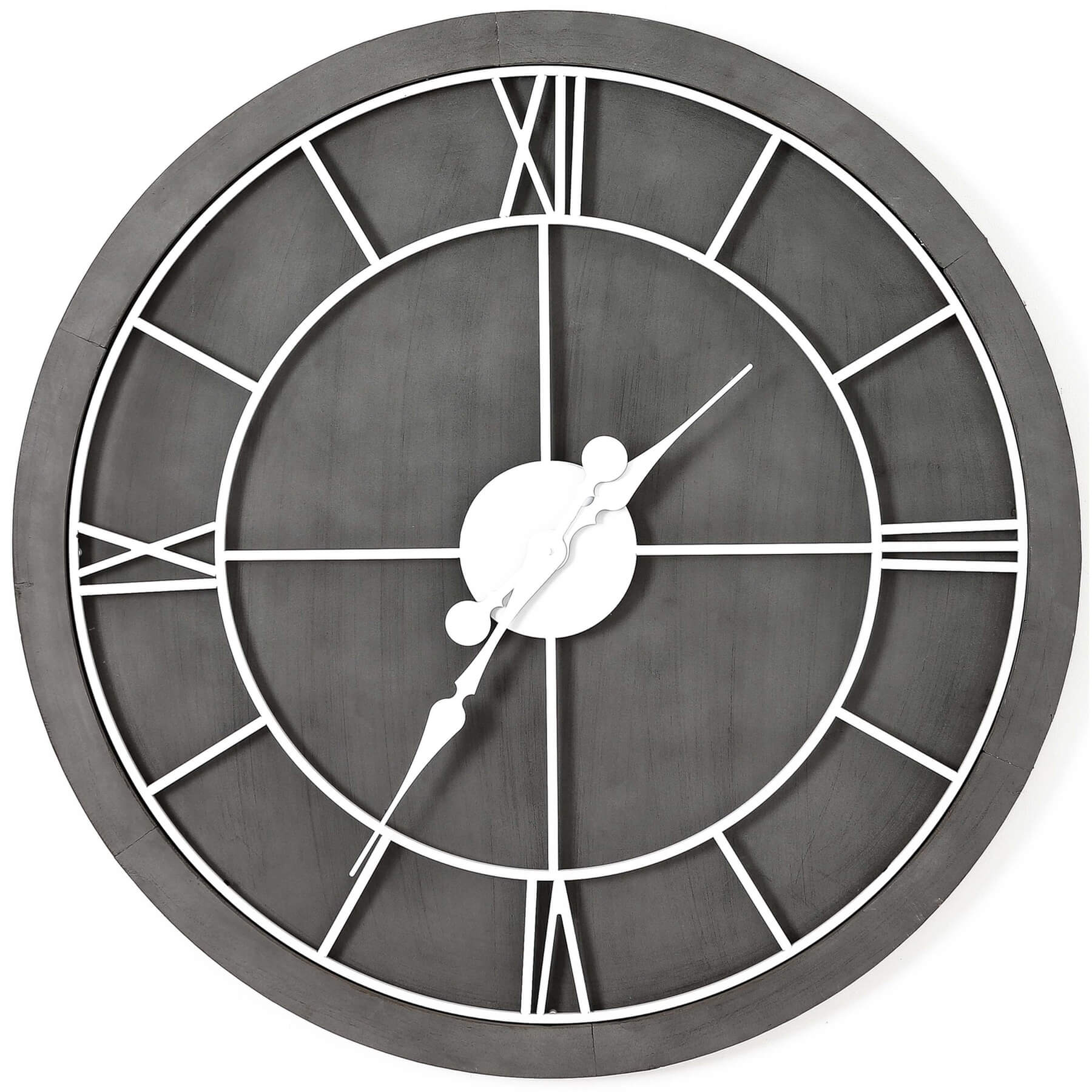 Grey Wall Clock with Roman numerals on grey wood frame, 60cm diameter, silent quartz movement by sostter at brixbailey.com