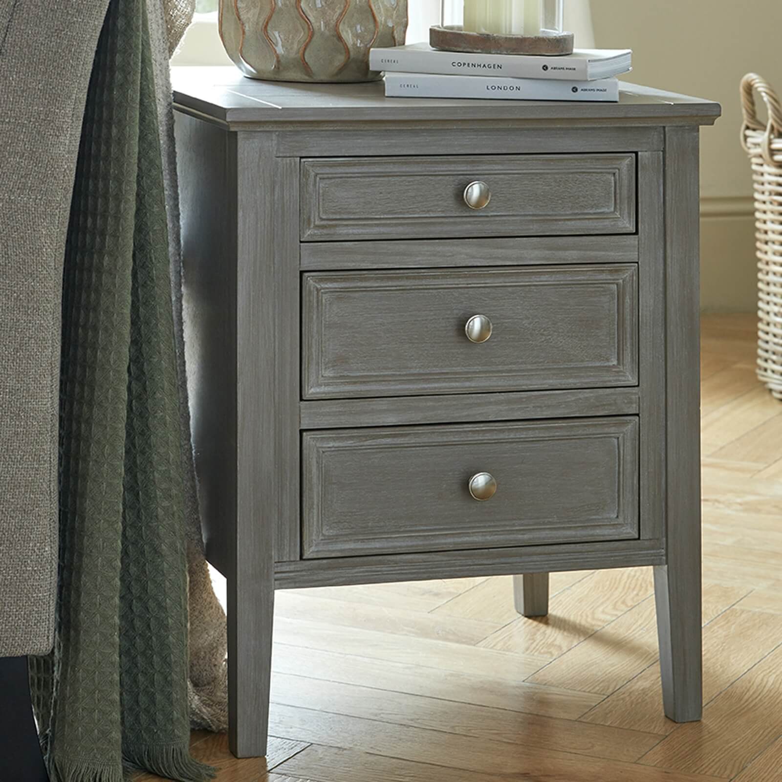 Three Drawer Bedside Table in Distressed Grey