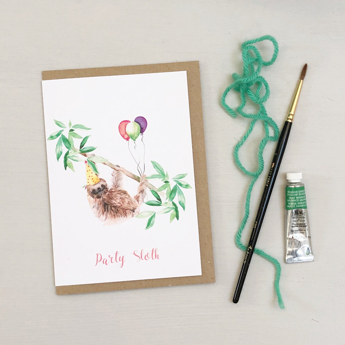 Party Sloth hand painted greetings card