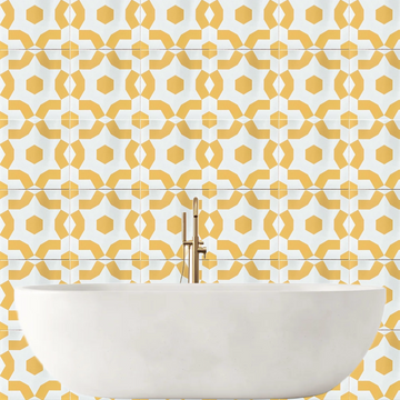 Faiza porcelain floor and wall tiles, luxury yellow and white Moroccan pattern, premium anti-slip outdoor and indoor tiles, no sealing required by Maria Starling Design at brixbailey.com