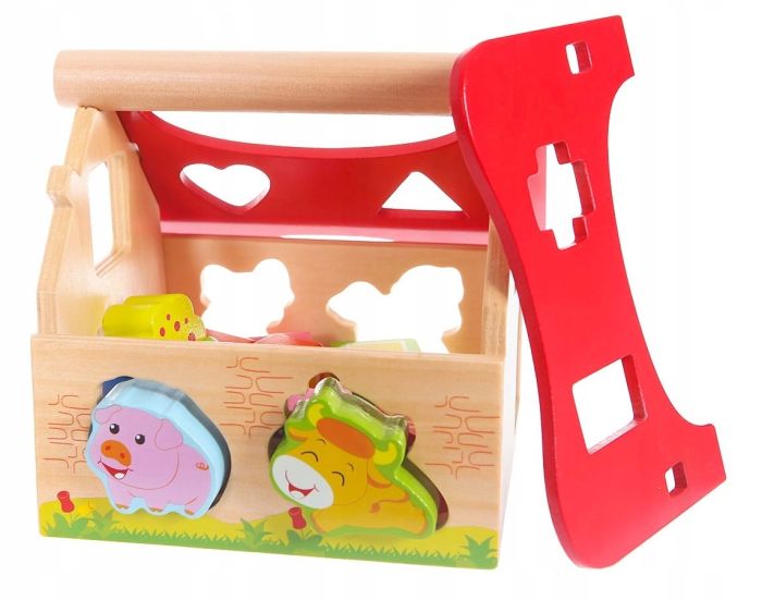 bold wooden farmhouse shape sorter with vibrant animal blocks in a bright, focused close-up
