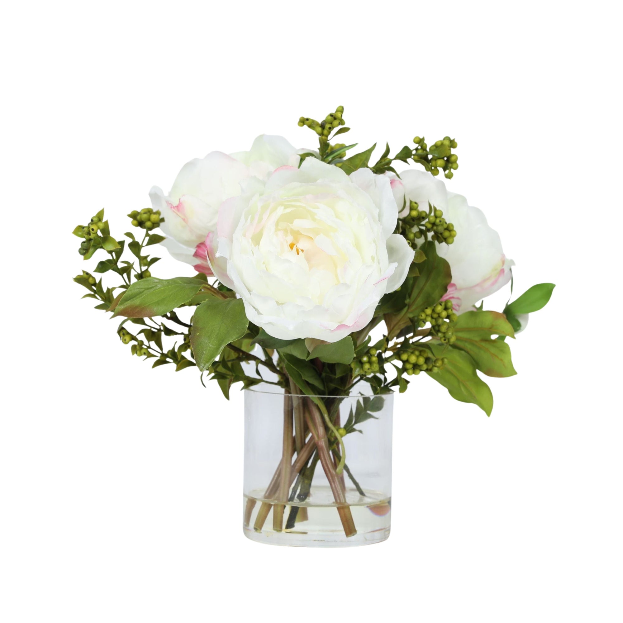 Faux Peony Arrangement In Glass Vase - 10"