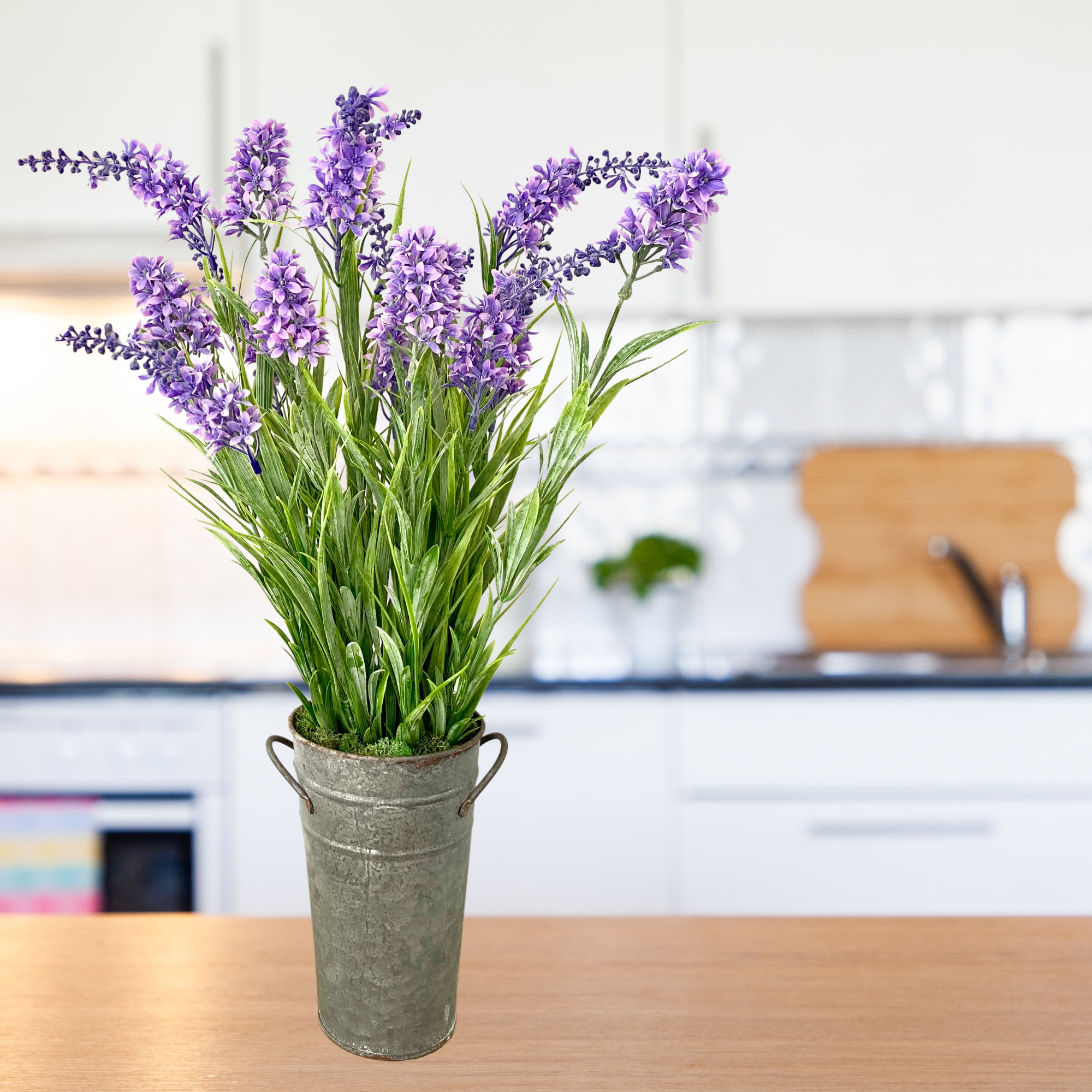 Silk lilac flower arrangement in french pail - 20"