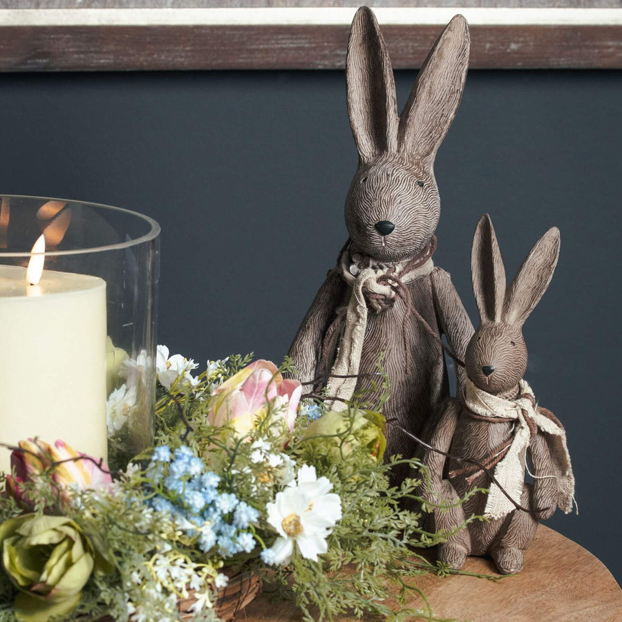 Handcrafted brown resin winter bunny figurine in sitting pose, artisan details, 33cm home decor accent by Sostter at brixbailey.com
